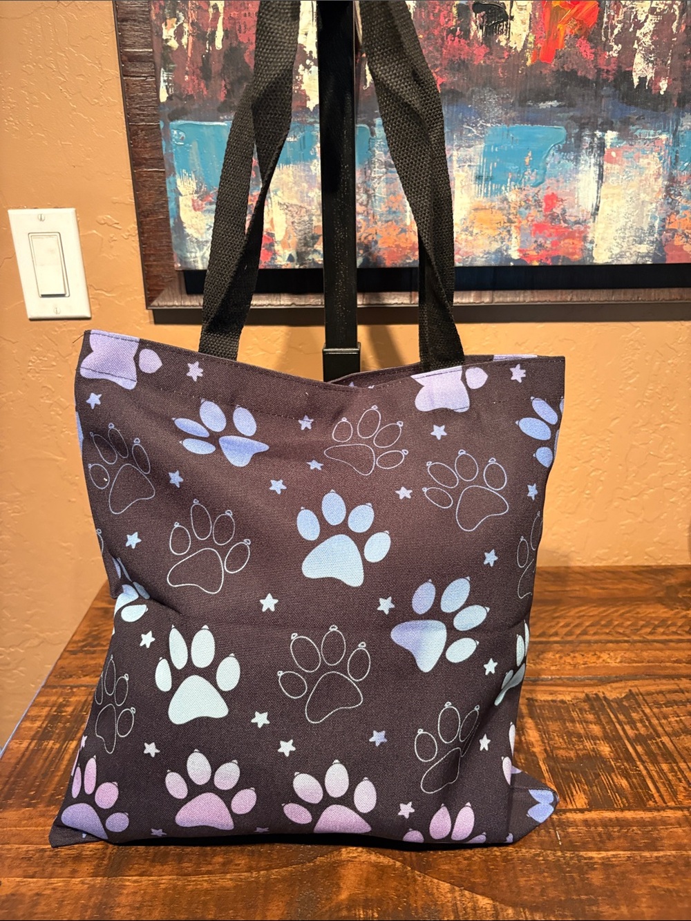 New Canvas Sturdy. Paw Print Tote Bag in Black with Pastel Accents